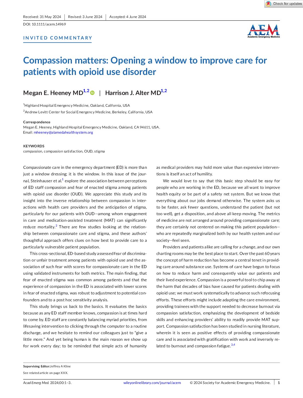 Academic Emergency Medicine – 2024 – Heeney – Compassion matters Opening a window to improve care for patients with opioid